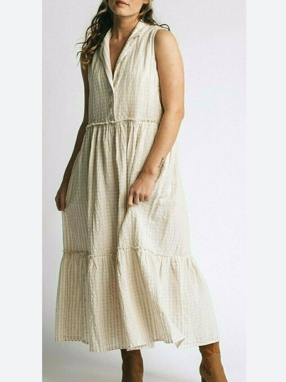 Free People Sz XS Saffron Flower Midi Dress Button-Up Boho Gingham Cottagecore